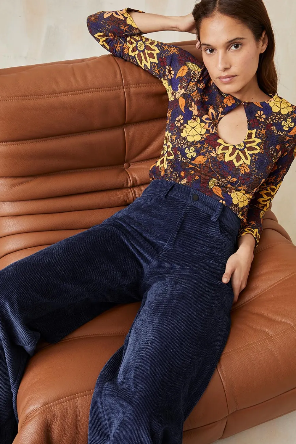 Pantalon Idéaliste en velours Bleu nuit<Soi Paris Cheap